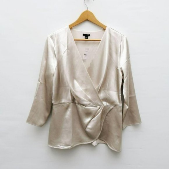 Ann Taylor Silver Ivory Wrap Blouse, Size Medium - Picture 1 of 13